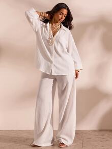 Opulessa Women's Solid Color Drop Shoulder Long Sleeve Shirt And Pants Casual 2 Pieces Set - White - View 9