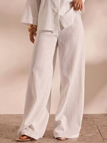 Opulessa Women's Solid Color Drop Shoulder Long Sleeve Shirt And Pants Casual 2 Pieces Set - White - View 6