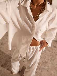 Opulessa Women's Solid Color Drop Shoulder Long Sleeve Shirt And Pants Casual 2 Pieces Set - White - View 1
