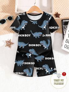 Young Boys Pajamas Spring/Summer New Fashion Hot-Selling Fun Skateboard, Shark, Dinosaur, Game Console Combination Pattern Print, Knitted Tight-Fit High-Elastic Fabric Short Sleeve & Shorts 2-Piece Set Home Loungewear - Multicolor - View 5