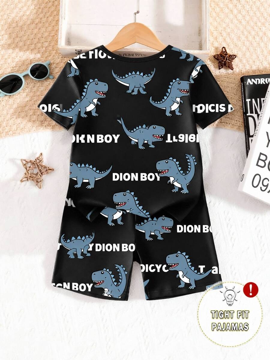 Young Boys Pajamas Spring/Summer New Fashion Hot-Selling Fun Skateboard, Shark, Dinosaur, Game Console Combination Pattern Print, Knitted Tight-Fit High-Elastic Fabric Short Sleeve & Shorts 2-Piece Set Home Loungewear
