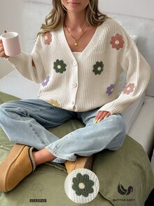 SHEIN Plus Size Formal Vacation Date Night Floral White Chunky Knit Long Sleeve Cardigan Daisy Embroidery Button Closure Spring Casual Fairy Cute - Apricot - View 1