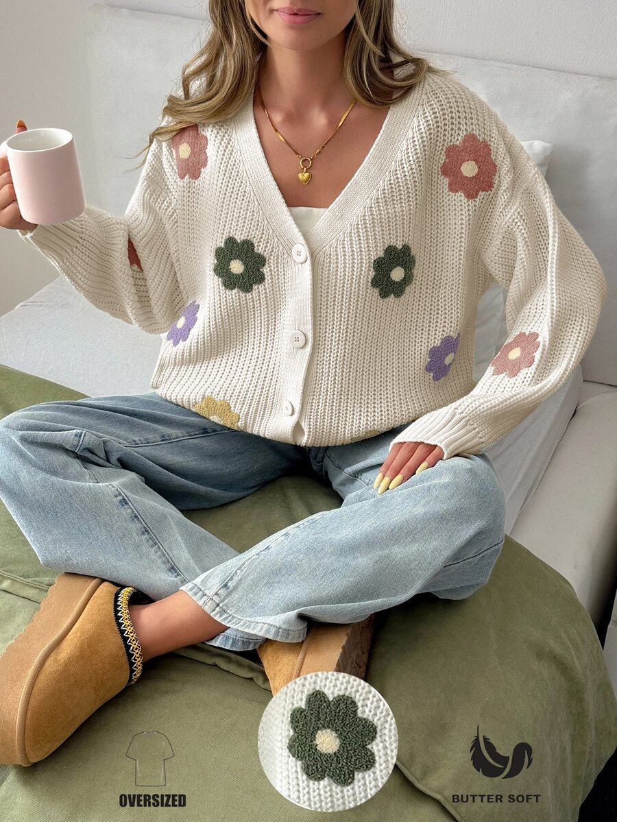 SHEIN Plus Size Formal Vacation Date Night Floral White Chunky Knit Long Sleeve Cardigan Daisy Embroidery Button Closure Spring Casual Fairy Cute - Apricot - View 1