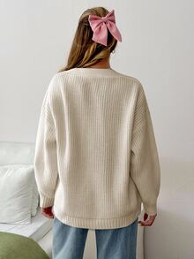 SHEIN Plus Size Formal Vacation Date Night Floral White Chunky Knit Long Sleeve Cardigan Daisy Embroidery Button Closure Spring Casual Fairy Cute - Apricot - View 2