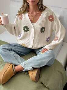 SHEIN Plus Size Formal Vacation Date Night Floral White Chunky Knit Long Sleeve Cardigan Daisy Embroidery Button Closure Spring Casual Fairy Cute - Apricot - View 8