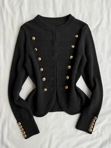 Attitoon Autumn/Winter Casual Button Decor Cardigan - Black - View 4