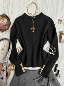 Attitoon Autumn/Winter Casual Button Decor Cardigan - Black - View 2