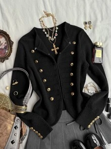 Attitoon Autumn/Winter Casual Button Decor Cardigan - Black - View 7