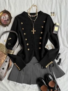 Attitoon Autumn/Winter Casual Button Decor Cardigan - Black - View 9