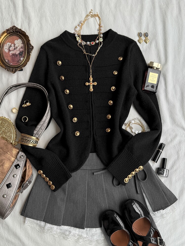 Attitoon Autumn/Winter Casual Button Decor Cardigan - Black - View 9