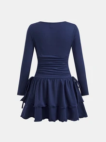 SHEIN Pitira Tween Girls Dresses Autumn/Winter Kids Elegant Knit Square Neck Long Sleeve Waist Ruched Tiered Ruffle Hem Dress, Graduation Ceremony, Evening Gown - Royal Blue - View 2