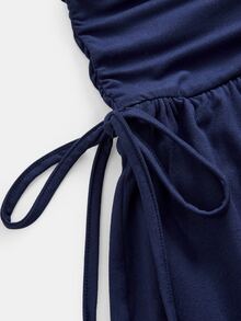 SHEIN Pitira Tween Girls Dresses Autumn/Winter Kids Elegant Knit Square Neck Long Sleeve Waist Ruched Tiered Ruffle Hem Dress, Graduation Ceremony, Evening Gown - Royal Blue - View 4