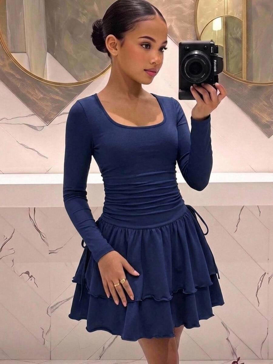 SHEIN Pitira Tween Girls Dresses Autumn/Winter Kids Elegant Knit Square Neck Long Sleeve Waist Ruched Tiered Ruffle Hem Dress, Graduation Ceremony, Evening Gown - Royal Blue - View 1
