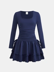 SHEIN Pitira Tween Girls Dresses Autumn/Winter Kids Elegant Knit Square Neck Long Sleeve Waist Ruched Tiered Ruffle Hem Dress, Graduation Ceremony, Evening Gown - Royal Blue - View 5