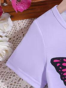 SHEIN 少女蝴蝶印花短袖T恤和仿牛仔短褲套裝，適用於春夏 - 彩色 - 查看 4