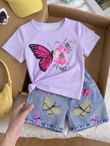 SHEIN 少女蝴蝶印花短袖T恤和仿牛仔短褲套裝，適用於春夏 - 彩色 - 查看 8