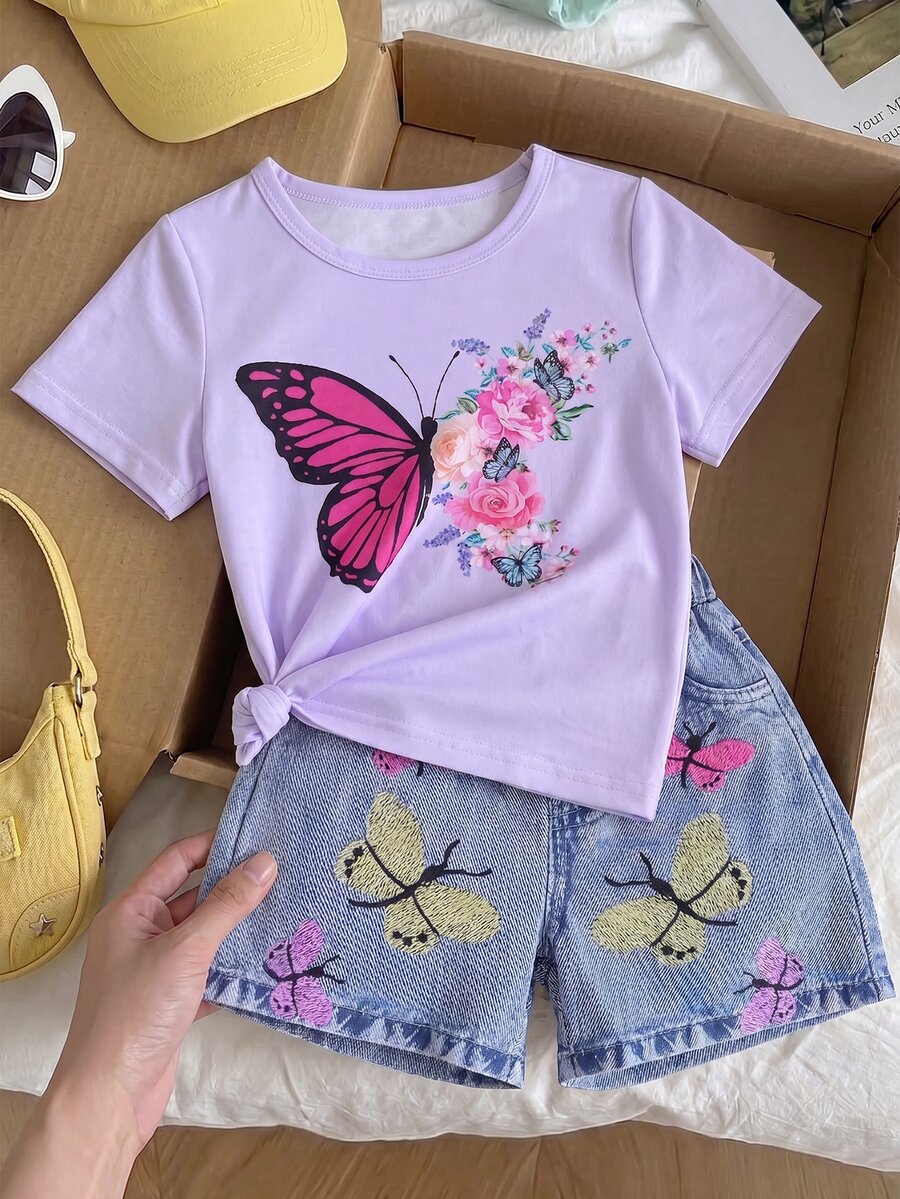 SHEIN Young Girl Butterfly Print Casual Short Sleeve T-Shirt And Denim-Effect Shorts Set For Spring/Summer, School, Campus, College - Multicolor - View 1