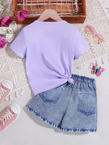 SHEIN 少女蝴蝶印花短袖T恤和仿牛仔短褲套裝，適用於春夏 - 彩色 - 查看 2