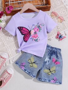 SHEIN 少女蝴蝶印花短袖T恤和仿牛仔短褲套裝，適用於春夏 - 彩色 - 查看 3