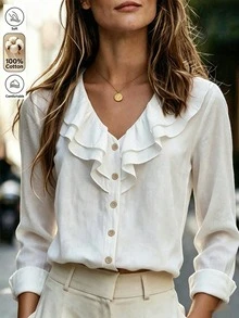 Balvessa Ruffle Trim V-Neck Linen Cotton Shirt, Gentle And Relaxed Vibe! - White - View 5