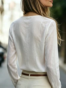 Balvessa Ruffle Trim V-Neck Linen Cotton Shirt, Gentle And Relaxed Vibe! - White - View 2