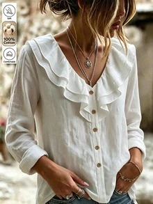 Balvessa Ruffle Trim V-Neck Linen Cotton Shirt, Gentle And Relaxed Vibe! - White - View 6