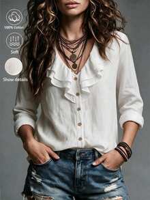 Balvessa Ruffle Trim V-Neck Linen Cotton Shirt, Gentle And Relaxed Vibe! - White - View 4