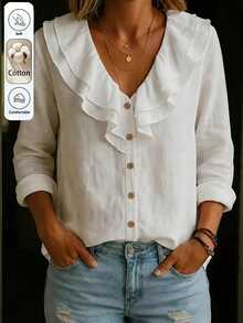 Balvessa Ruffle Trim V-Neck Linen Cotton Shirt, Gentle And Relaxed Vibe! - White - View 3