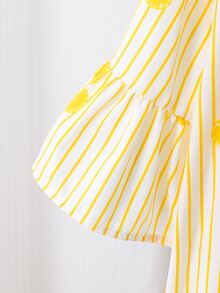 SHEIN Tween Girls White Floral, Summer, Cute, Vacation, Holiday School Shirt Mini Dress, Yellow Striped 3D Glitter Print, Outfit - Yellow - View 7