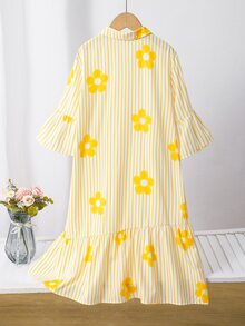 SHEIN Tween Girls White Floral, Summer, Cute, Vacation, Holiday School Shirt Mini Dress, Yellow Striped 3D Glitter Print, Outfit - Yellow - View 3