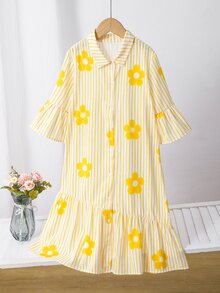 SHEIN Tween Girls White Floral, Summer, Cute, Vacation, Holiday School Shirt Mini Dress, Yellow Striped 3D Glitter Print, Outfit - Yellow - View 4