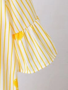 SHEIN Tween Girls White Floral, Summer, Cute, Vacation, Holiday School Shirt Mini Dress, Yellow Striped 3D Glitter Print, Outfit - Yellow - View 6