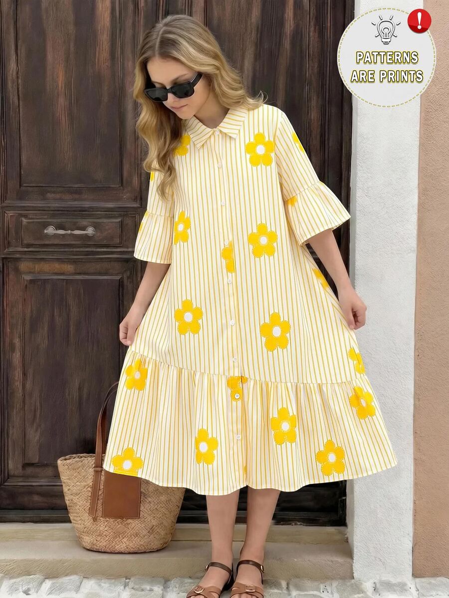 SHEIN Tween Girls White Floral, Summer, Cute, Vacation, Holiday School Shirt Mini Dress, Yellow Striped 3D Glitter Print, Outfit