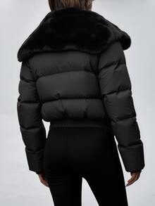 SHEIN Modischer kurzer gesteppter Kragen mit geraffter Taille, Metallreißverschluss, flauschiger Schalkragen, Tasche, Bomberjacke, gepolstert, isoliert, Polyfill, synthetische Isolierung, Wintermantel, Winterjacke - Schwarz - Übersicht 2