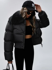 SHEIN Modischer kurzer gesteppter Kragen mit geraffter Taille, Metallreißverschluss, flauschiger Schalkragen, Tasche, Bomberjacke, gepolstert, isoliert, Polyfill, synthetische Isolierung, Wintermantel, Winterjacke - Schwarz - Übersicht 1
