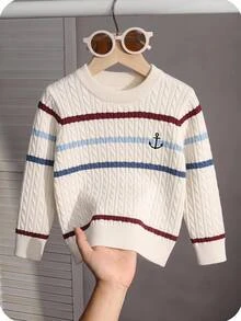 SHEIN Young Boy Cartoon Anchor Kids Pattern Striped Crew Neck Long Sleeve Pullover Autumn Sweater, Versatile And Comfortable - Multicolor - View 4