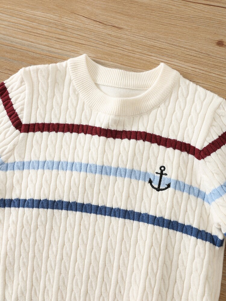 SHEIN Young Boy Cartoon Anchor Kids Pattern Striped Crew Neck Long Sleeve Pullover Autumn Sweater, Versatile And Comfortable - Multicolor - View 8