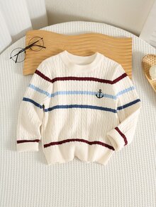 SHEIN Young Boy Cartoon Anchor Kids Pattern Striped Crew Neck Long Sleeve Pullover Autumn Sweater, Versatile And Comfortable - Multicolor - View 6