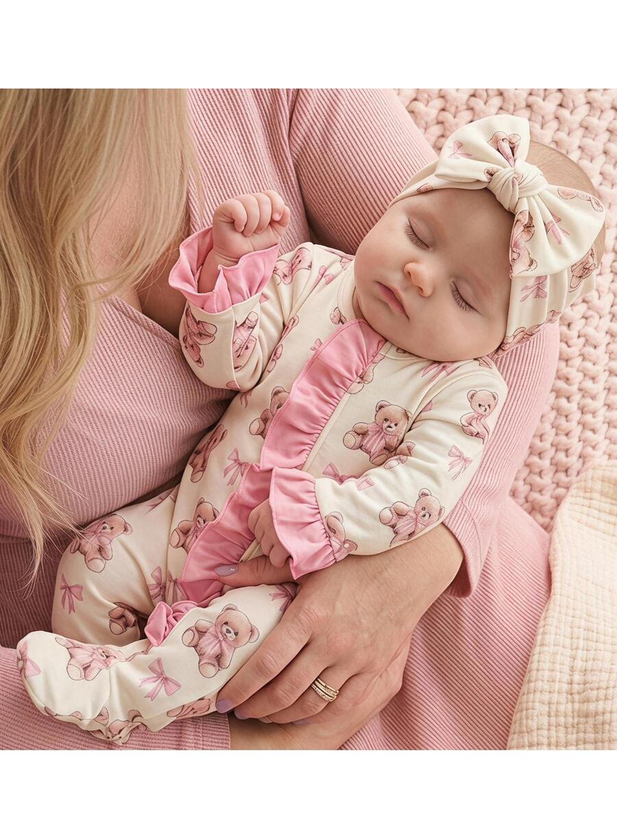 SHEIN Newborn Baby Cute Knitted Cartoon Bear Pattern Romper With Headband Set - White - View 1