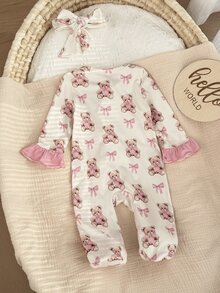 SHEIN Newborn Baby  Cute Knitted Cartoon Bear Pattern Romper With Headband Set - White - View 2