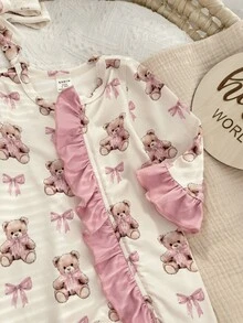 SHEIN Newborn Baby  Cute Knitted Cartoon Bear Pattern Romper With Headband Set - White - View 4