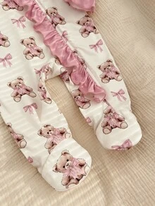 SHEIN Newborn Baby  Cute Knitted Cartoon Bear Pattern Romper With Headband Set - White - View 5