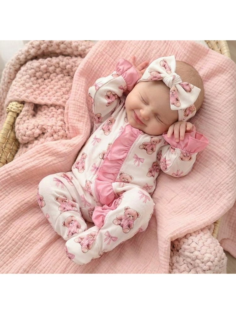 SHEIN Newborn Baby  Cute Knitted Cartoon Bear Pattern Romper With Headband Set - White - View 8