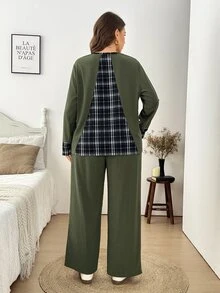 Easowa Curve 大尺碼女款拼接格紋長袖口袋上衣與長褲休閒兩件套 - 橄欖綠 - 查看 4