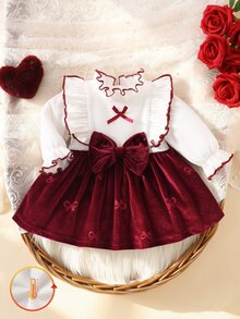 SHEIN 2件組新生女嬰公主風芭蕾裙天鵝絨洋裝，優雅甜美酒紅配色，白色蝴蝶結荷葉邊羅紋長袖，聖誕秋季冬季生日女寶公主裙 - 酒紅色 - 查看 3