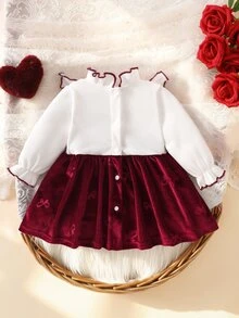 SHEIN 2件組新生女嬰公主風芭蕾裙天鵝絨洋裝，優雅甜美酒紅配色，白色蝴蝶結荷葉邊羅紋長袖，聖誕秋季冬季生日女寶公主裙 - 酒紅色 - 查看 4