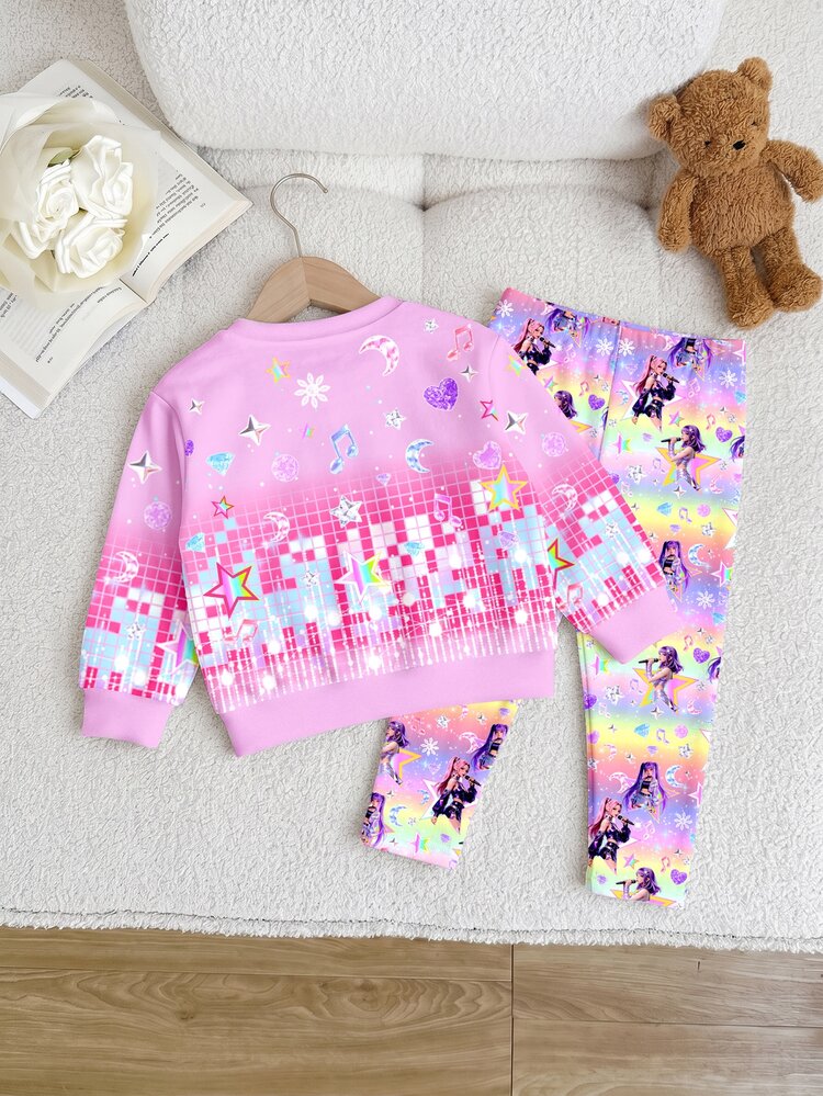 Back To School, Cartoon Girl, Sporty Gradient, Baby Girl Casual Minimalist Thermal Lined Loose Crew Neck Sweatshirt And Elastic Waist Long Pants Set, Suitable For Autumn/Winter - Multicolor - View 2