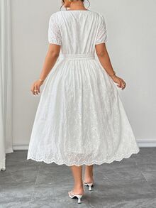 Elenzga Plus Size Women's Fashion French Elegant Exquisite Embroidered Hollow Lace Square Neck Cinched Waist Puff Short Sleeve Dress, Suitable For Summer, Back To School, Vacation, Valentine's Day, Christmas, Halloween, Date Party, Wedding Season, Outing And More - White - View 3