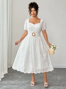 Elenzga Plus Size Women's Fashion French Elegant Exquisite Embroidered Hollow Lace Square Neck Cinched Waist Puff Short Sleeve Dress, Suitable For Summer, Back To School, Vacation, Valentine's Day, Christmas, Halloween, Date Party, Wedding Season, Outing And More - White - View 7