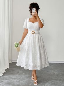 Elenzga Plus Size Women's Fashion French Elegant Exquisite Embroidered Hollow Lace Square Neck Cinched Waist Puff Short Sleeve Dress, Suitable For Summer, Back To School, Vacation, Valentine's Day, Christmas, Halloween, Date Party, Wedding Season, Outing And More - White - View 4